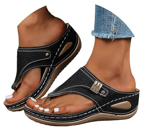 Sandales Femme été Confortable Compensées Plateforme Orthopédique Sandales avec Support Pantoufles en Cuir Mode Tongs Sandales de Marche À Bout Ouvert Flip Flops