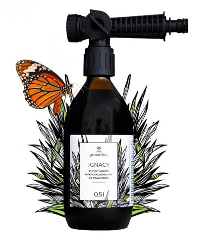 Greenthey Engrais Liquide pour Gazon - Embout de Pulvérisation | Pour 200m² | Avec azote, acides humiques et oligo-éléments | Croissance, gazon dense et sain | 0,5 Litres