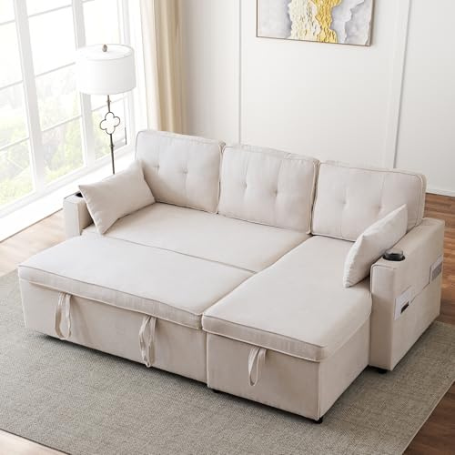 Wyibwy Divano 3 posti con funzione letto estensibile,divano angolare a L con portabicchieri e vani portaoggetti,divano componibile con chaise longue,divani modulare 3 posti,cotone e lino,Beige