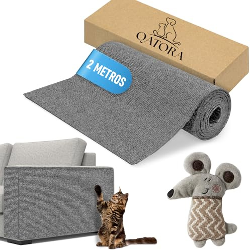 QATORA - Alfombra Rascador para Gato con Peluche Estimulante - Protector Sofa Gatos Arañazo - Desestresante - Autoadhesivo - Resistente - Versatil - 40x200 cm (Gris Oscuro)