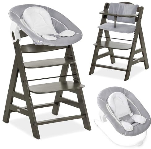 hauck Seggiolone Pappa Alpha Plus Newborn - Sediolone Pappa Bimbi con Sdraietta Neonati Dondolo e Cuscino - Seggiolone Evolutivo Legno - (Classic, Charcoal)