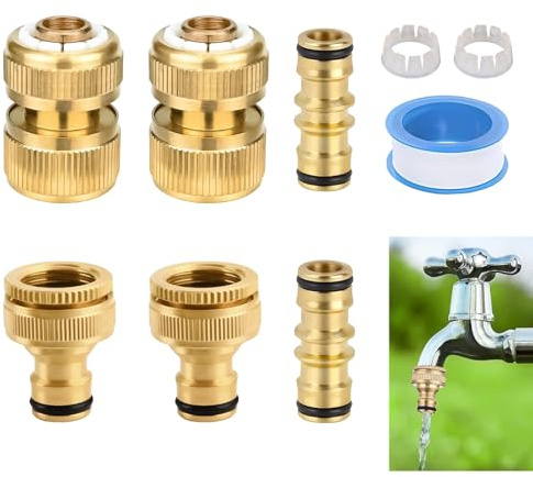 6 Pack Brass Garden Hose Connector Quick Kit, Brass Tap Connector for Hose Pipe Fittings Metal, 2 x Double Male, 2 x Hose End, 2 x Tap Connector 1/2'' & 3/4'' Faucet Adapter, Heavy Duty Accessories