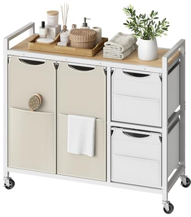 HOOBRO Clasificador de Ropa de 4 Secciones, Cesto de Ropa con Ruedas, 2 Cestas de 24L y 2 Cestas de 49L, con Estantes, Bolsillos Laterales, Bolsa Extraíble, Blanco, Natural y Beige EWNE14XY01N1