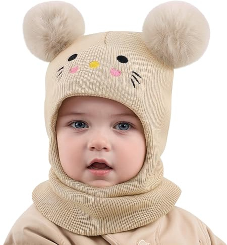 MASOCIO Toddler Hat Kids Winter Warm Balaclava Infant Baby Boys Girls Knitted Thermal Scarf Snood 12 18 Months 2 3 4 5 6 7 Children Beanie Bobble Double Pom Pom Age 1-8 Years Beige