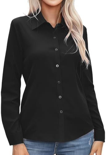 MUNSKT Camisa negra para mujer, camisa de vestir de manga larga, ajuste regular, blusa negra para mujer, para negocios, oficina, uso casual, Negro, S-XXL