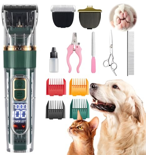Tosatrice per cani, Kit toelettatura professionale con Display LED, 4 Pettini limitatori, Regolazione a 3 velocità, Impermeabile IPX7, Pulizia facile, Tosatrice per gatti per pelo lungo (Verde)