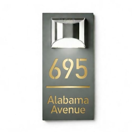 Número de Casa Solar LED Personalizado - Letrero de Dirección Iluminado con Luz Solar, Placa Acrílica Moderna, Regalo Ideal para Casa Nueva, Patio o Jardín(Gray-Gold)