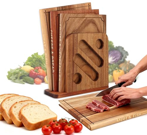 Hoforife Set di Taglieri in Legno a Forma di Libro per Cucina | 3 pezzi in Acacia, Sapele e Noce Peruviano – decorativi e funzionali con supporto (Tonalità legno classica)