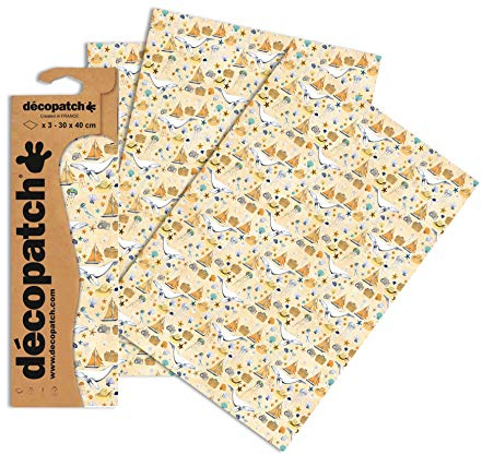 Décopatch - Ref C766O - Yellow & Beige Holiday Adventure Pattern Paper Pack - Each Sheet 30 x 40cm, Pack of 3 Paper Sheets - Best Used With Décopach Glue & Varnish, Yellow