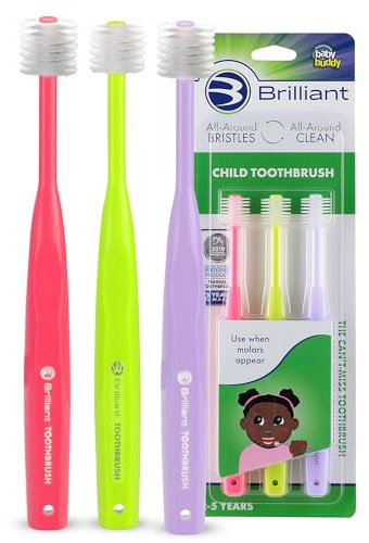 Brilliant Oral Care Child Toothbrush with Soft Bristles and Round Head, for a Kid Approved, Easy to Use All-Around Clean Mouth, Ages 2-5 Years, Pink Lime Lilac, 3 Pack