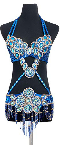 ROYAL SMEELA Conjunto Sujetador y cinturón la Danza del Vientre Traje Danza del Vientre Mujer Sexy Plata Brillante Sujetador para Colgar del Vientre Cinturón de Cadera Disfraz Danza del Vientre