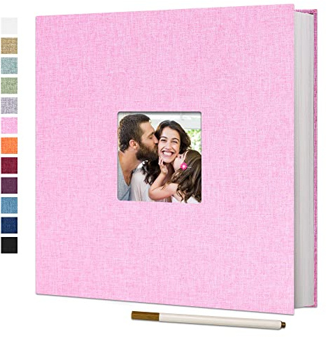 Vienrose Photo Album Self Adhesive Book with Window 40 Pages 33x32cm Pink | Linen Cover, Scrapbook Album, 4X6 8X10 Photos, Metallic Pen, Wedding Baby Travel