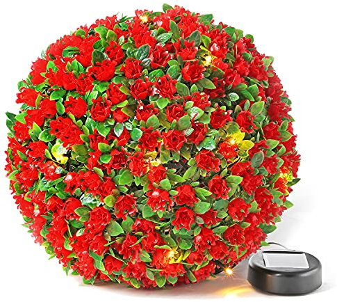 Taylor & Brown 28cm Solar Powered 20 LED Rose Artificial Topiary Ball Hanging Ornament Boxwood Garden Ultra Bright Light Decorative Two Functions (1 Pack, Red)