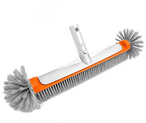Poolvio Professional 17.5 Floor & Wall Pool Cleaning Brush with Tough Around Nylon Bristles, EZ Clip Aluminum Handle- Easily Sweep from Walls, Floors, Steps (Orange)