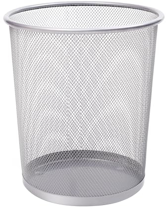 KEPLIN Round Trash Can - 1 Pack Silver Non-slip Mesh Bin, Stylish & Sturdy Metal Can for Home, Bedroom, Office, Bathroom, Living Room & Kitchen - Indoor Garbage Bin with Sleek Design