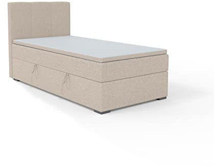 FEDVE Boxspringbett 90x200 Beige – Gandia Mini Praktisches Bett mit Bettkasten Links Gemütlich Kopfteil Matratze Einzelbett zum Schlafzimmer, 200x90 cm Links