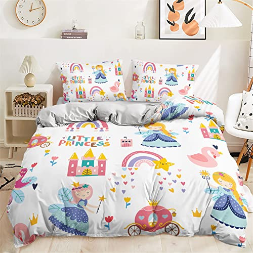 Mateju Funda Nordica Cama 90/135/150, Ropa de Cama de Arcoiris Microfibra Juego de Ropa de Cama con 1 Funda Nórdica y 2 Funda de Almohada 3 Piezas (180x220cm,Castillo Princesa)