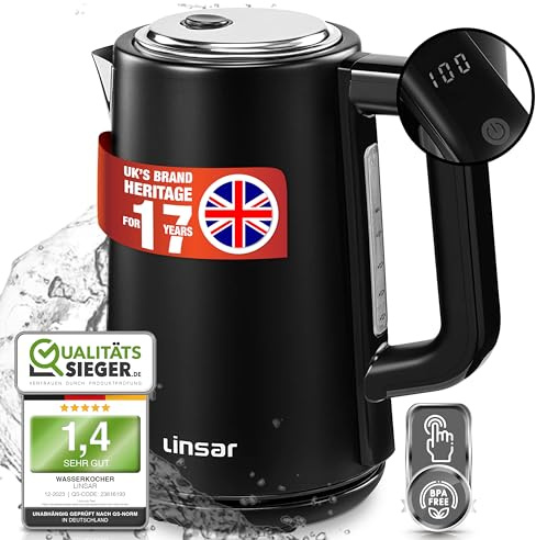Linsar - Wasserkocher - Edelstahl-Optik - 1,7 Liter - Mit Touchfunktion, Warmhaltefunktion, 5 Temperatur-Einstellungen, Kalkfilter, Abschaltautomatik und digitaler Anzeige - 2200 Watt (Schwarz)