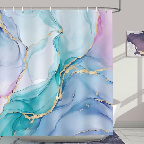 Bonhause Duschvorhang Marmor Rosa Lila Blau Türkis Aquarell Modern Abstrakt Duschvorhänge 180 x 180 cm Anti-Schimmel Wasserdicht Polyester Stoff Waschbar Bad Vorhäng für Badzimmer mit 12 Haken