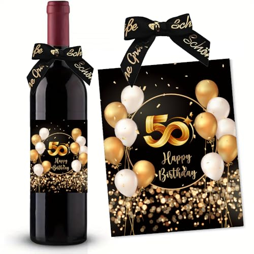 50. Geburtstag Flaschenetikett mit Schleife Schwarzes Gold Lack veredelt 10x12,7cm Happy Birthday 50 - Geburtstagsdeko Geburtstagsgeschenk Geschenke für Frauen Männer