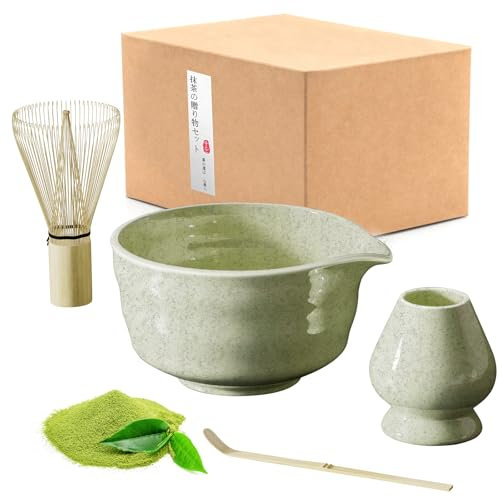 LIIGOU Green Matcha Tea Set 4PCS Japanese Matcha Kit with Bamboo Matcha Whisk Ceramic Matcha Bowl Scoop & Holder Traditional Japanese Tea Ceremony Matcha Gift Set for Beginners and Enthusiasts