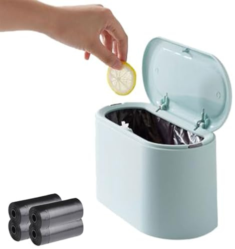 Taasmoog Desk Bin with Lid, Mini Desktop Bin Type Table Desktop Trash Bins Pop Up Mini Trash Can with 4 Rolls of Garbage Bags for Desk Office Bathroom Coffee Bar Tabletop Dresser(Blue)