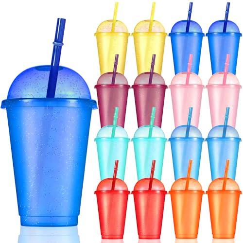 CoKeeSun Tumblers with Lids & Straws, Smoothie Cups 16PCS, 16oz/475ml Colour Changing Cups 8 Colors, Recyclable and Reusable Plastic Cups, Iced Coffee Cup for Party Kid Travel Mugs