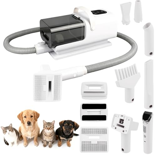 3-en-1 Aspirateur Poil de Chien, Tondeuse Chat avec 6 Peigne, Pulseur pour Chien, 3 Vitesses d'Air, Faible Bruit, avec Bac à Poussière 2.2L, 13 Accessoires de Toilettage pour Chats