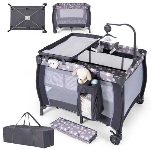 COSTWAY 3-i-1 sidosäng, resesäng med madrass, hängande leksak, speldosa, skötbord och bärväska, 2 nivåer, babysäng med hjul för baby upp till 36 månader (mörkgrå)