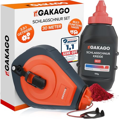 Gakago Set di cordini da 30 m con gesso rosso da 150 g (permanente) – Corda per marcatura con alloggiamento in alluminio – Efficiente trasmissione 3,5:1 & ruota libera – Corda colorata con gancio
