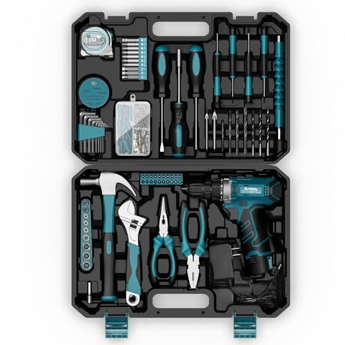 Sundpey Cassetta Attrezzi Completa 206 Pezzi, Trapano Avvitatore Batteria 12V per Serrare/Allentare Viti, Set Attrezzi da Lavoro Valigia Attrezzi Completa per Riparazioni Casalinghe e Fai da Te, Blu