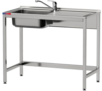 GASFRIT Lavello industriale in acciaio inox, 1 seno con scolapiatti, 1000 x 500 x 850 mm, finitura satinata lucida, ideale per la ristorazione e la cucina professionale (monocomando a due acque, seno
