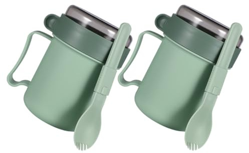LALADEFIEE Lot de 2 Mugs à Soupe Micro-Ondables Verts avec Couvercle et Cuillère Intégrée Bols à Céréales Portables 400 Ml Tasses Petit-Déjeuner Polyvalentes pour Soupe Lait et Porridge