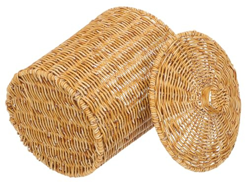 MUSISALY Cestino Portaoggetti Intrecciato con Coperchio Contenitore Rifiuti in Finto Rattan Rotondo Bidone Multifunzione per Biancheria e Spazzatura per Casa Camera da Letto e Ufficio