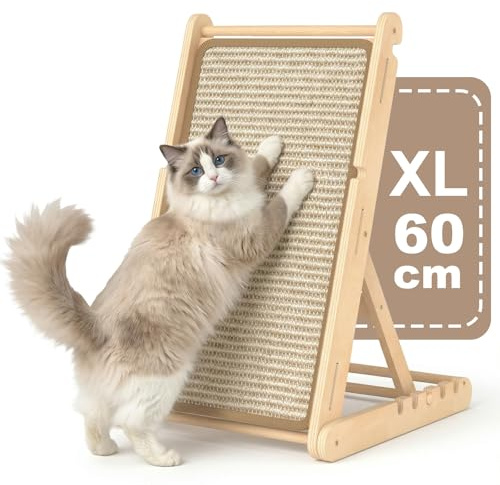 X XBEN Grattoir en Bois pour Chat, 60cm de Haut Griffoir Chat Pliable avec 5 Hauteurs Réglables, sans Montage, Forme de L Planche à Gratter en Sisal Naturel pour Préserve Canapé et Mur