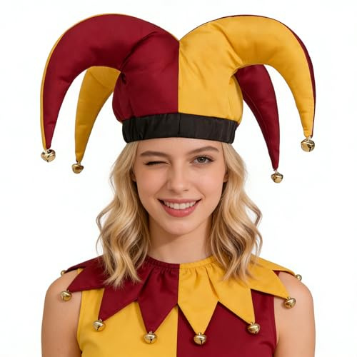 ANDHOM Cappello da giullare da clown jolly costume accessorio con campane per Halloween, Natale, carnevale, martedì grasso Cosplay (rosso e giallo)