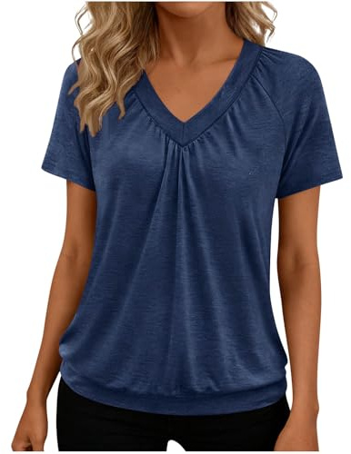Blouson Tops for Women Dressy Casual V Neck Pleated Front T-Shirts Summer T Shirts for Women Trendy Short Sleeve Raglan Sleeve Blouses Loose Fit Ruched Waist Tee Shirt Fashion 2026