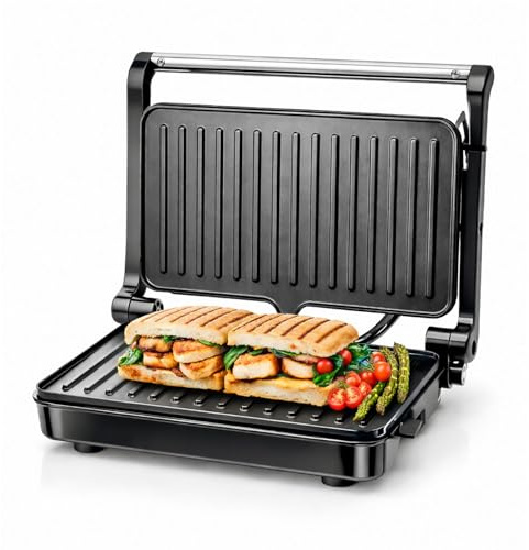 Innoteck Electric Contact Grill Panini Press Sandwich Toaster 1200W, Non Stick Teflon Plates, 180° Flat Opening Indoor BBQ Grill Maker with Drip Tray, Cool Touch Handle & Ready Indicator Light