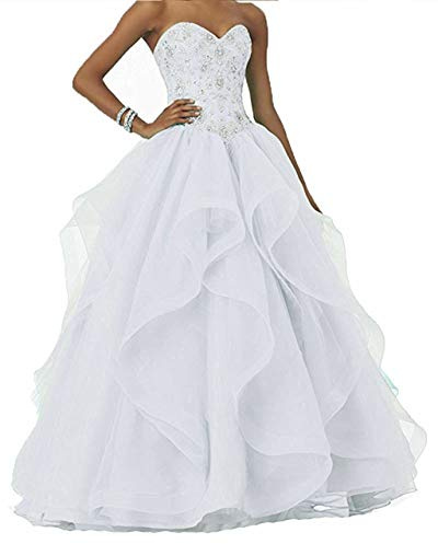 Vantexi Abito da donna lungo con perline scintillanti da ballo, abiti da sposa in organza con volant, abiti da ballo di fine anno scolastico, abiti da cerimonia, bianco, 38