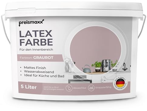 Preismaxx Latexfarbe graurot matt 5.0 l abwaschbare Wandfarbe für Innen Küche Badezimmer streichen hohe Deckkraft & strapazierfähig leicht zu reinigen Deckkraftklasse 2 Nassabriebklasse 2