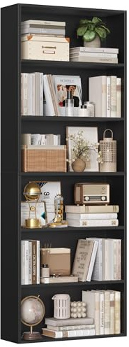 FirFurd Bookcase 6 Tiers Bookshelf Black Tall Display Shelf Freestanding Wooden Storage Unit for Living Room Bedroom Office 60x23.5x180cm