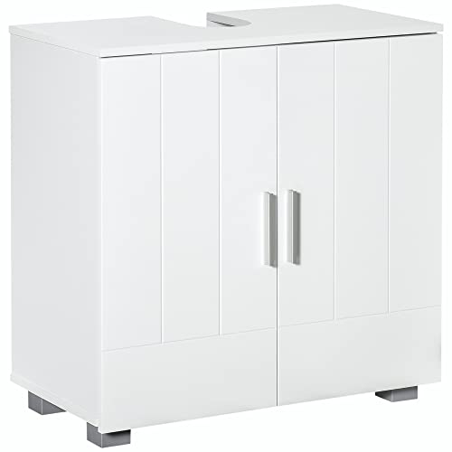 kleankin Meuble sous lavabo de Salle de Bain 2 Portes battantes avec 1 étagère réglable, sur Pied, poignées Alliage Aluminium dim. 60L x 30l x 60H cm - MDF Blanc