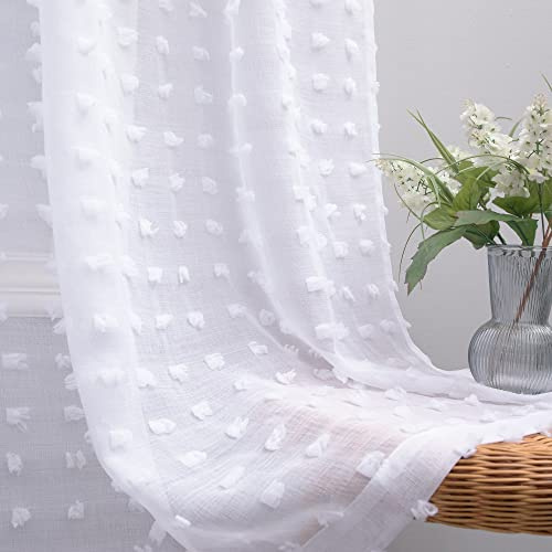 KOUFALL White Sheer Curtains 84 Inches Long for Bedroom 2 Panels Set,Pom Pom Textured Boho Shabby Chic Semi Privacy Ruffle Curtains for Living Room
