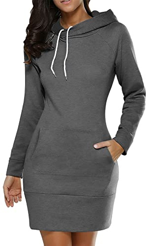 ORANDESIGNE Sudadera Larga con Capucha Mujer Vestido Casual Hoody Pullóver Deporte Sudadera Vestido de Manga Larga Mini Vestido Elegante Chaqueta con Capucha y Bolsillo A Gris Oscuro L