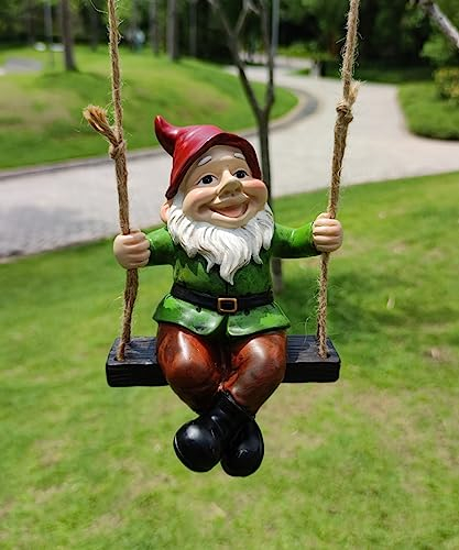 Funny Garden Gnomes Statue On Swing Hanging Dwarf Figurines Ornaments Sculpture Swing Gnome For Garden Outdoor Decorations Pation Yard Lawn Porch Indoor Tabletop Home Decor