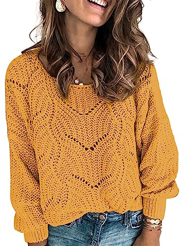 Dokotoo Damen Strickpullover Elegant Rundhals Pullover Herbst Winter Einfarbiger Pulli Oberteil Damenpullover, gelb, m