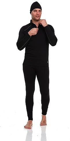 Body Glove Zip up 3 Piece Fleece Lined Baselayer Thermal Set Quarter Zip Top, Fleece Lined Pant, Beanie, Black, M