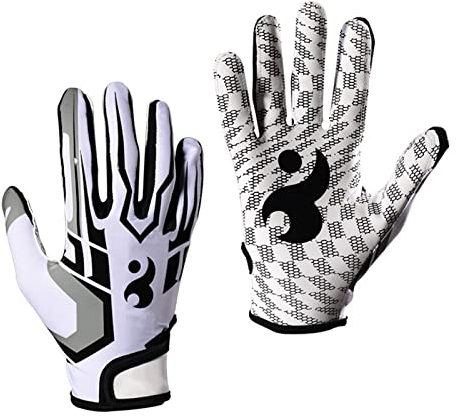 JEOZBM Gants de Football, Gants de Football Américain, Gants de Récepteur de Football, Gants de Sport Extensibles et Respirants pour Jeunes et Adultes(S-Blanc)