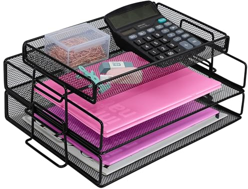 ideallife Schreibtisch Organizer mit Dokumentenablage, 2 Stück Briefablage Metall Stapelbar mit Oberes Tablett, Schreibtischablage für A4 Papier, Bürobedarf