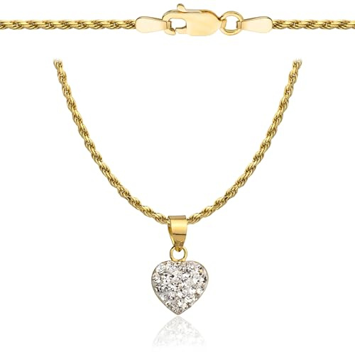 Amar Luxury Collana Donna Oro Cuore 585/925, collana da donna - regalo per amore, regalo per donna, collana da donna in oro 585 con argento 925, cuore con zirconi, 45 cm, Oro